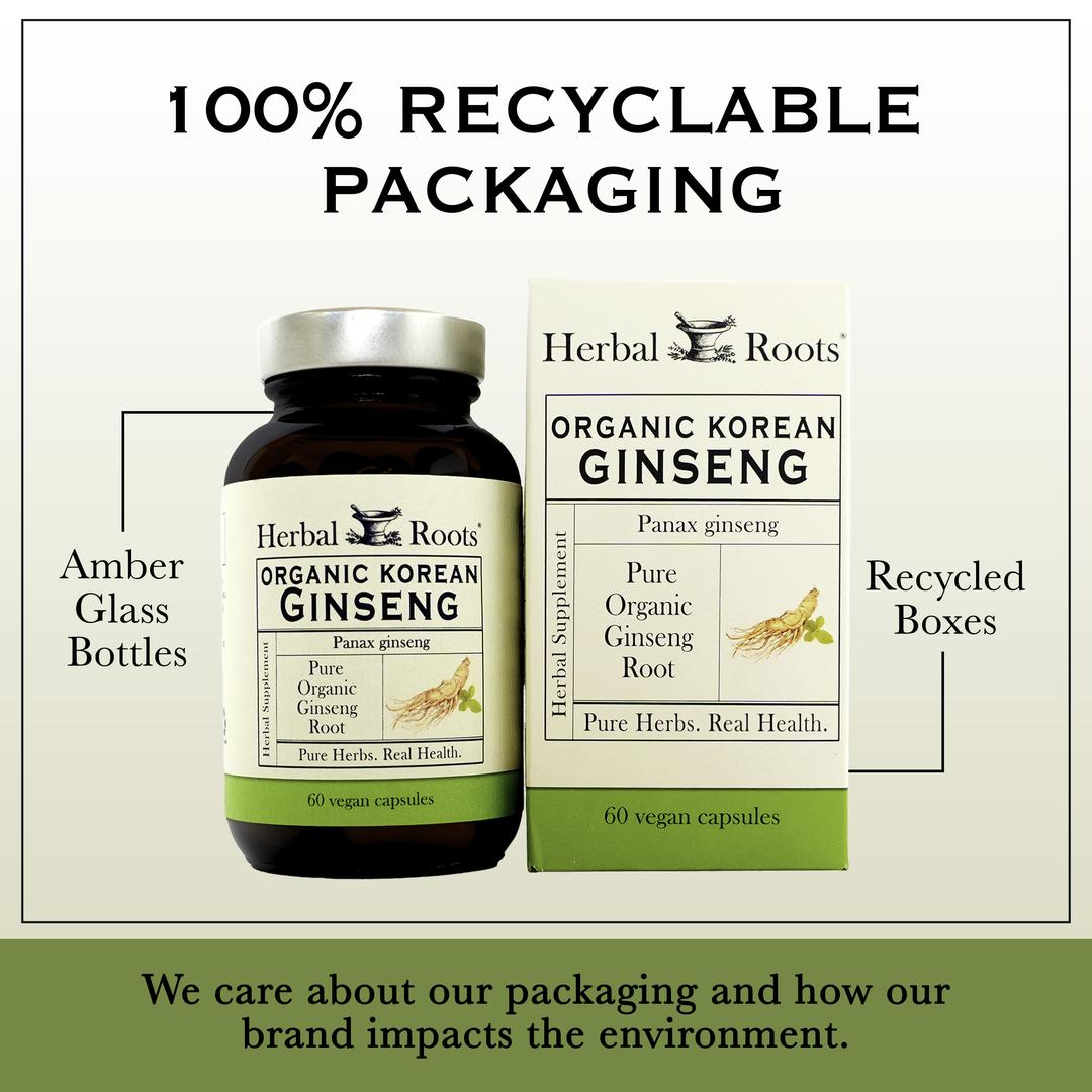 Bottle and box of Herbal Roots Organic Korean Ginseng next to each other. Under the bottle and box says We care about our packaging and how our brand impacts the environment. There is a line coming from the left of the bottle that says Amber glass bottles. There is a line coming from the left of the box that says recycled boxes.