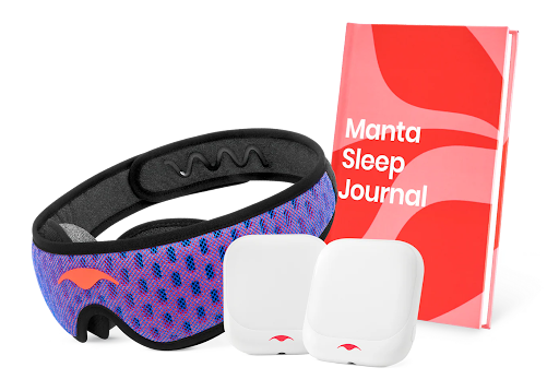 A blue mesh sleep mask, two night lights and a sleep journal with a red and pink design.