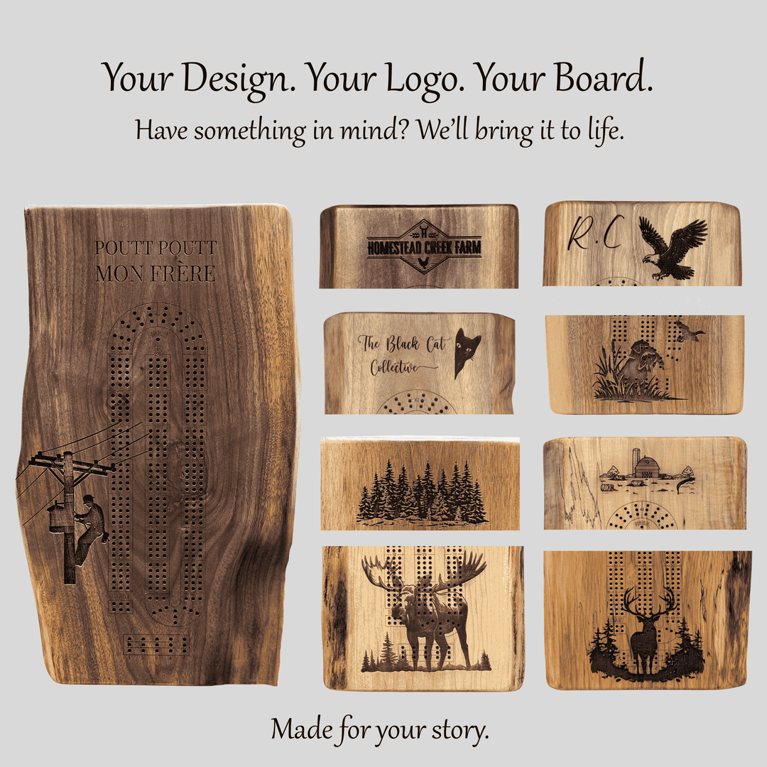 Wood cribbage boards with different personalized engraving ideas.