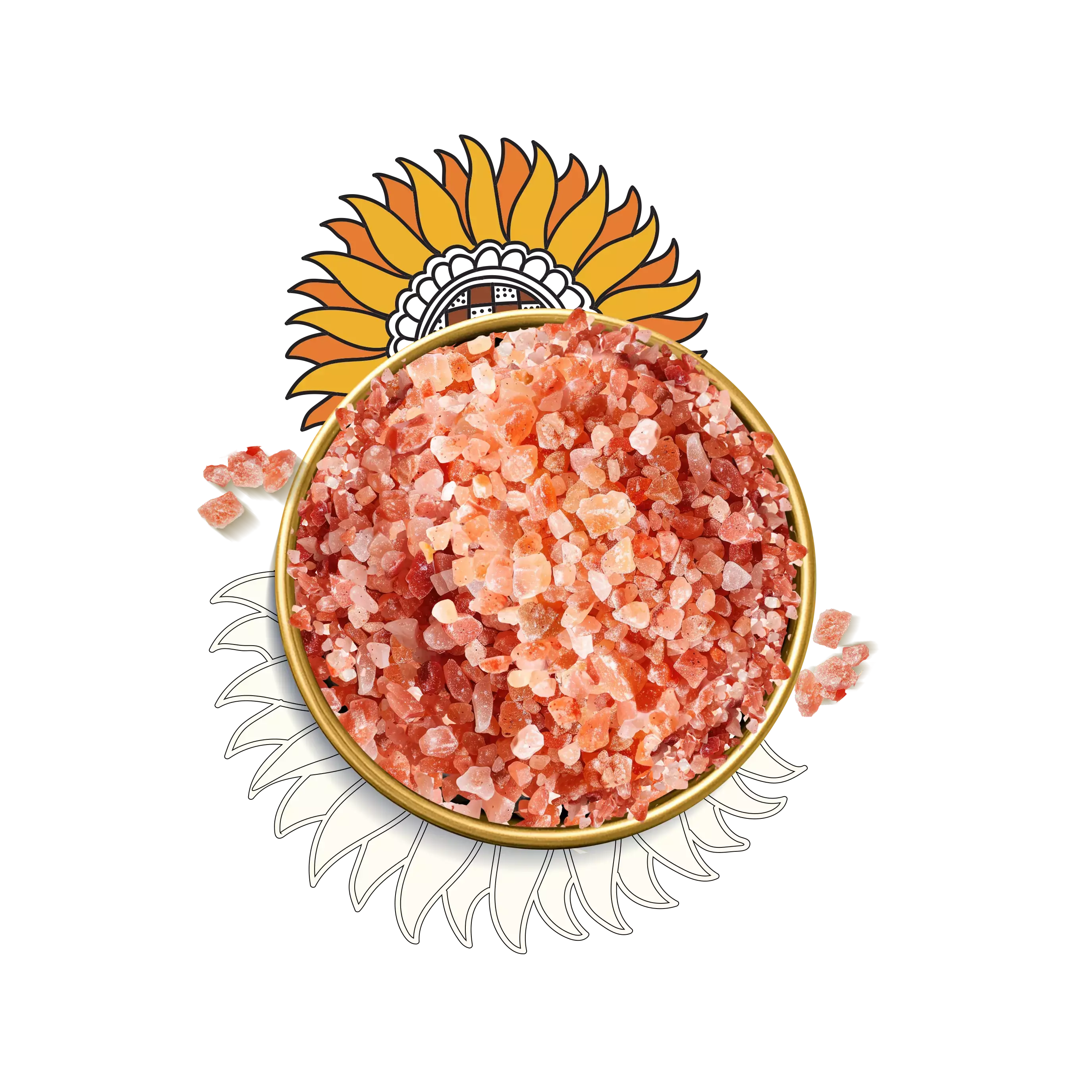 A bowl of Himalayan rock salt surrounded by floral artworks