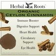 Cinnamon sticks and powder with text that says Organic Ceylon Cinnamon- Immune Booster, Digestive Support, Heart Health, Circulatory Support, Eye Health.