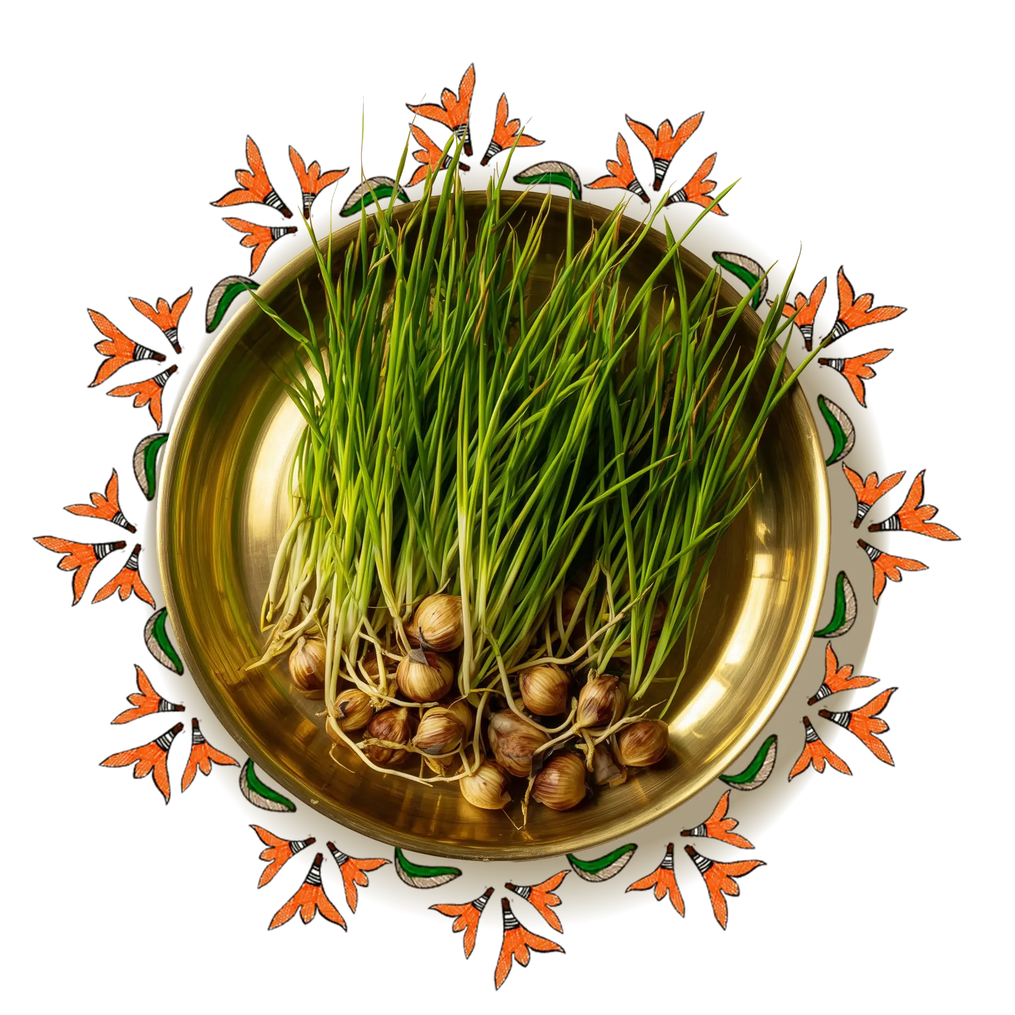 A bowl of nut grass surrounded by floral artworks