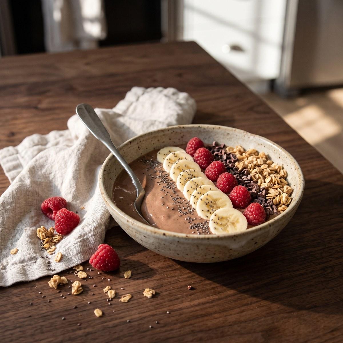Chocolate smoothie bowl with banana and raspberries made with turkey tail