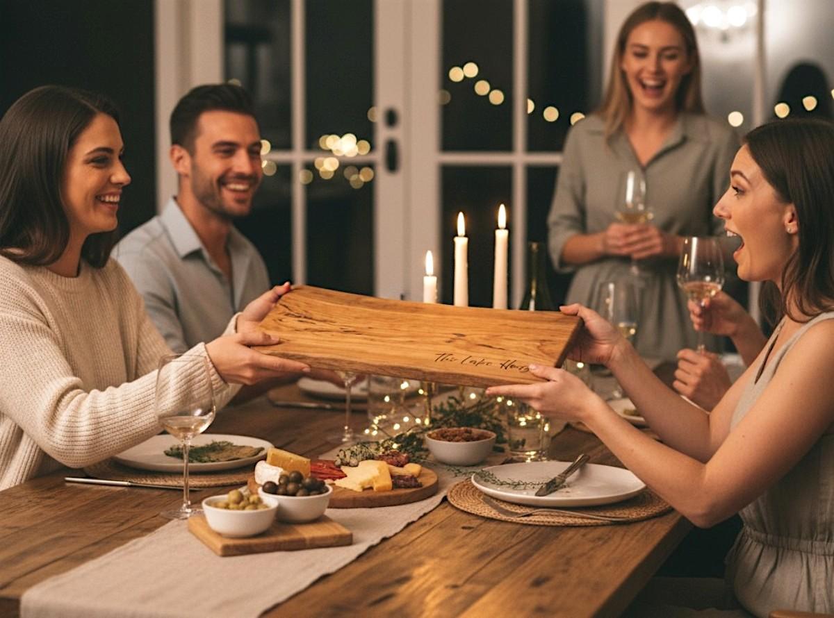 Friends enjoying food served on a live edge cherrywood charcuterie board as a hostess gift