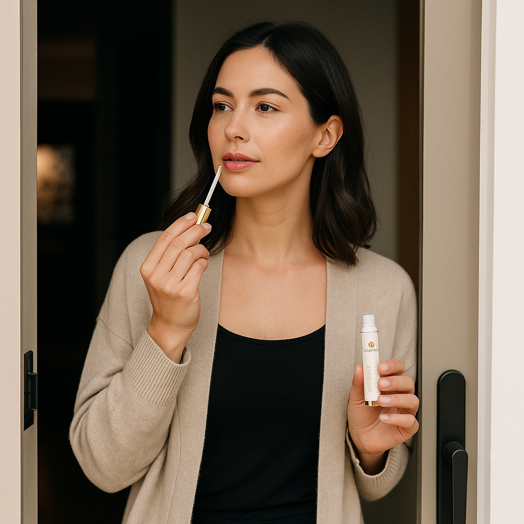 Woman walking out the door putting on Reiland Velvet Lip Plumper