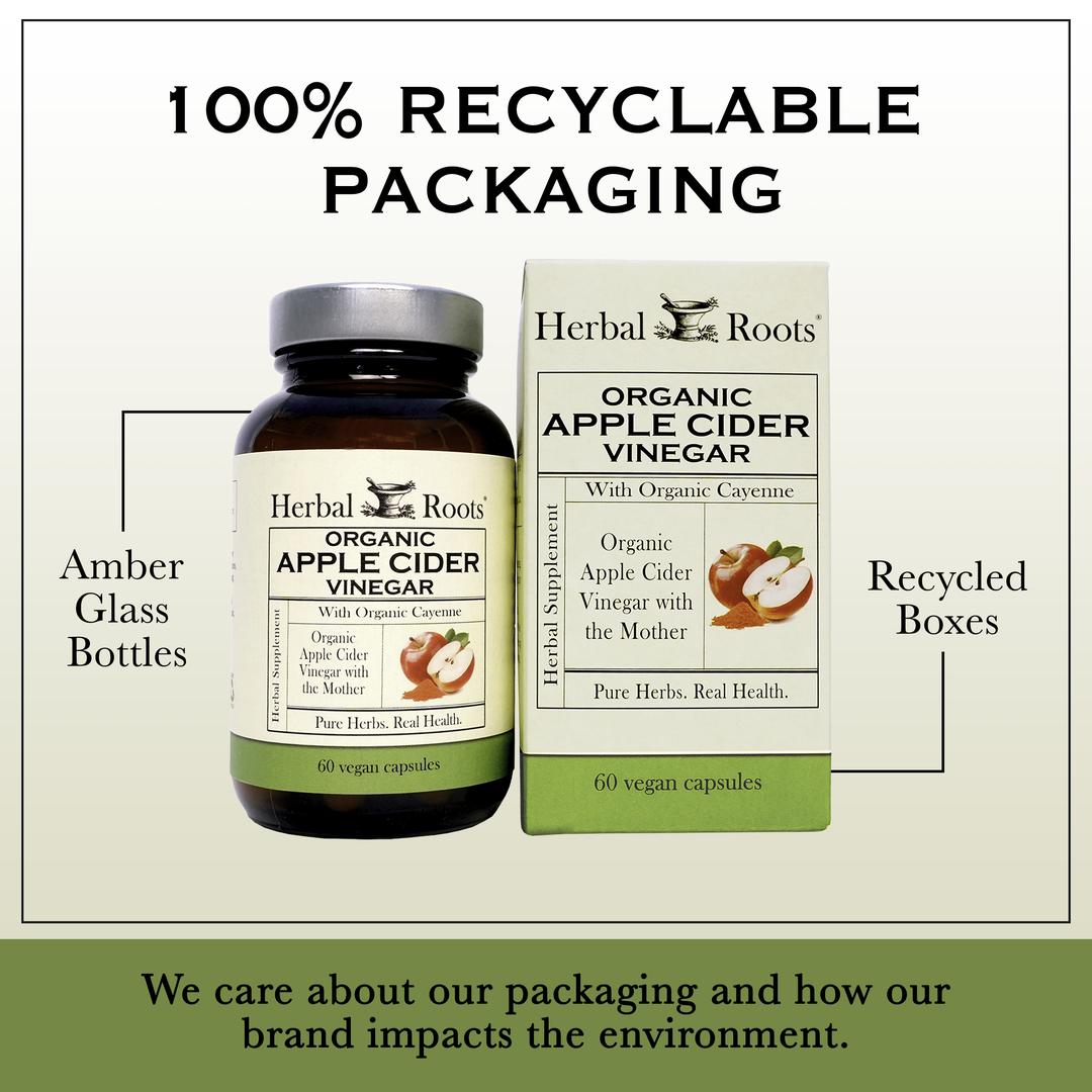 Bottle and box of Herbal Roots Organic Apple Cider Vinegar next to each other. Under the bottle and box says We care about our packaging and how our brand impacts the environment. There is a line coming from the left of the bottle that says Amber glass bottles. There is a line coming from the left of the box that says recycled boxes.
