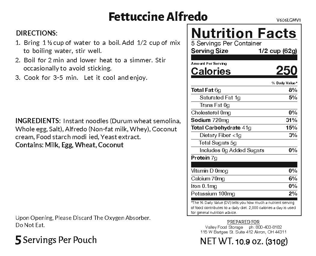 Valley Food Storage Fettuccine Alfredo Long Term Food Storage Nutrition Label