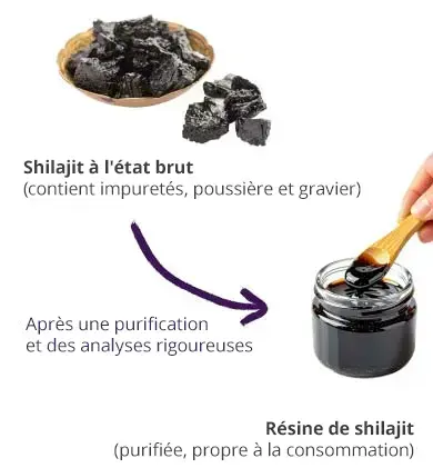 Shilajit brut dans un bol, puis un pot de résine de shilajit avec une cuillère en bois