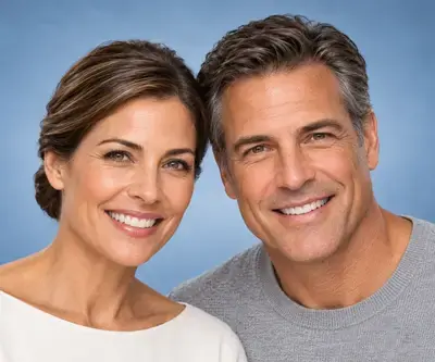 male and female model showing their bright white teeth