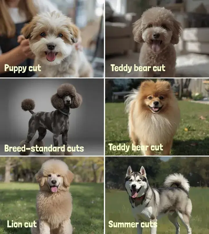 A collage showcasing various dog breeds with distinct grooming styles, illustrating popular dog grooming options.