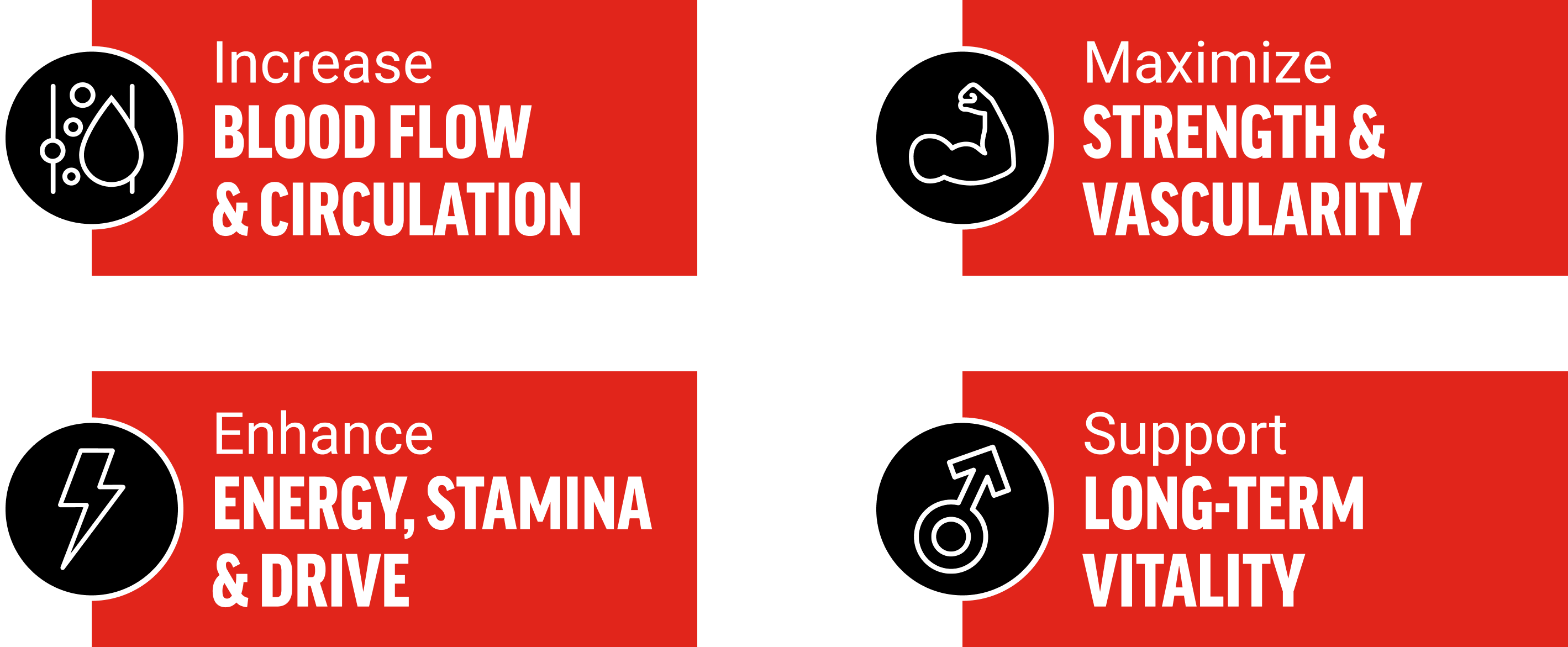 Increase Blood Flow & Circulation; Maximize Strength & Vascularity; Enhance Energy, Stamina & Drive; Support Long-Term Vitality