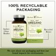 A bottle of Herbal Roots oil of oregano next to the packaging box. There is text above the bottle and box that says 100% Recyclable Packaging. Text on the left of the bottle with a line pointing to the bottle says Amber Glass Bottles. Text on the right of the box with a line going to the box says Recycled boxes. Text on the bottom of the image says We care about our packaging and how our brand impacts the environment.