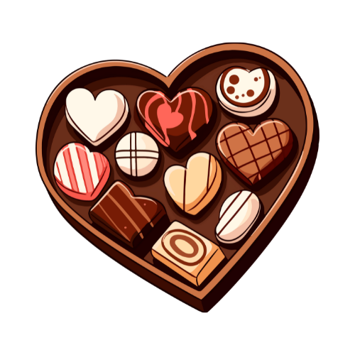 graphic of heart-shaped box of chocolates.