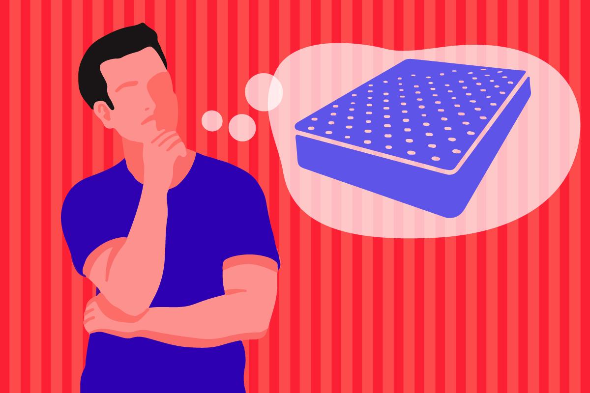 A man pondering the best time to buy a mattress. There is a thought bubble over his head containing an image of a mattress.