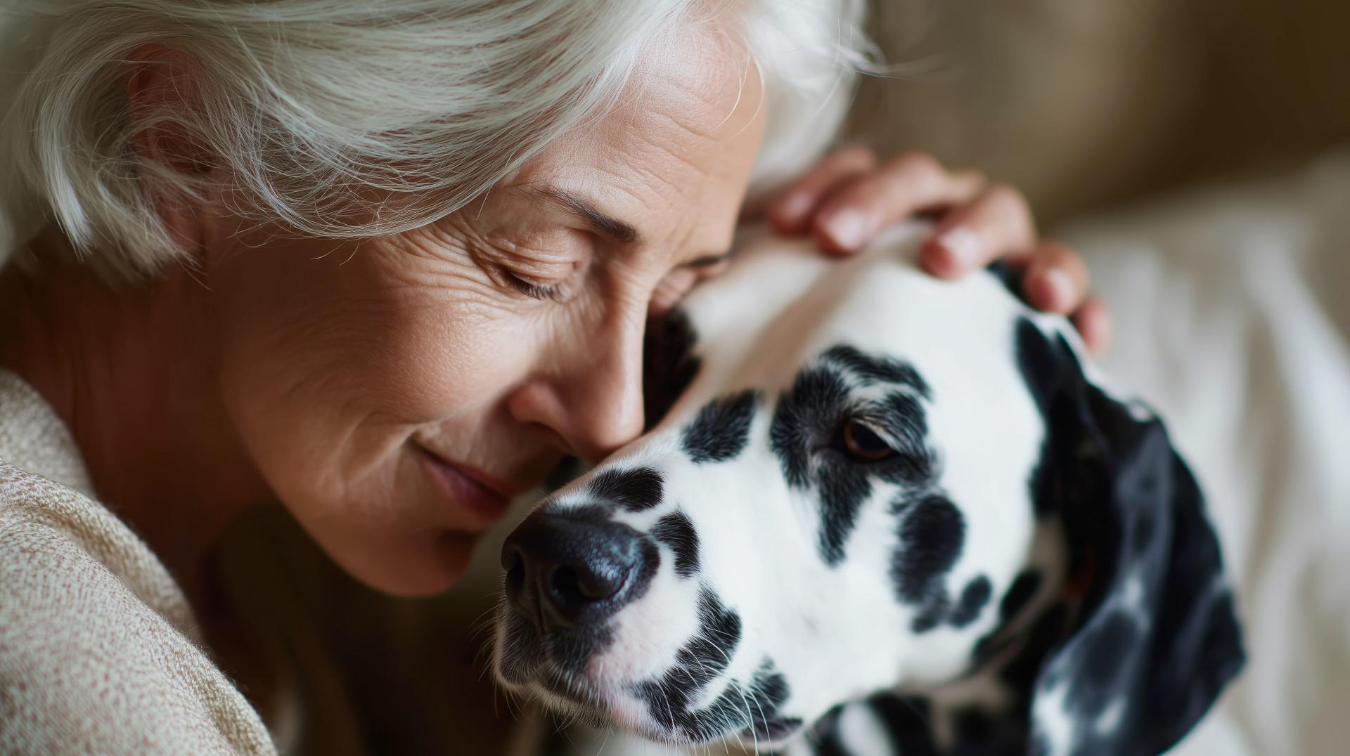 Senior woman shares a warm moment with her spotted dog in a cozy indoor setting