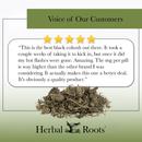 Voice of our customers with 5 stars and a picture of a pile of black cohosh root. The review says "This is the best black cohosh out there. It took a couple of weeks of taking it to kick in, but once it did my hot flashes were gone. Amazing. The mg per pill is way higher than other brands I was considering. It actually makes this one a better deal. It's obviously a quality product."