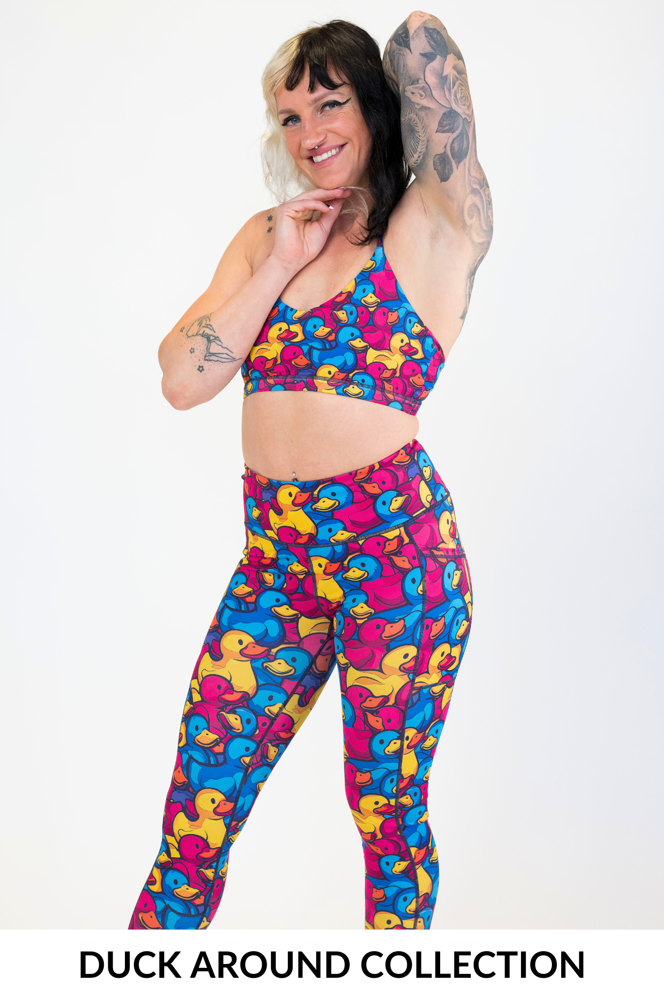 model wearing the dog patterned leggings and sports bra