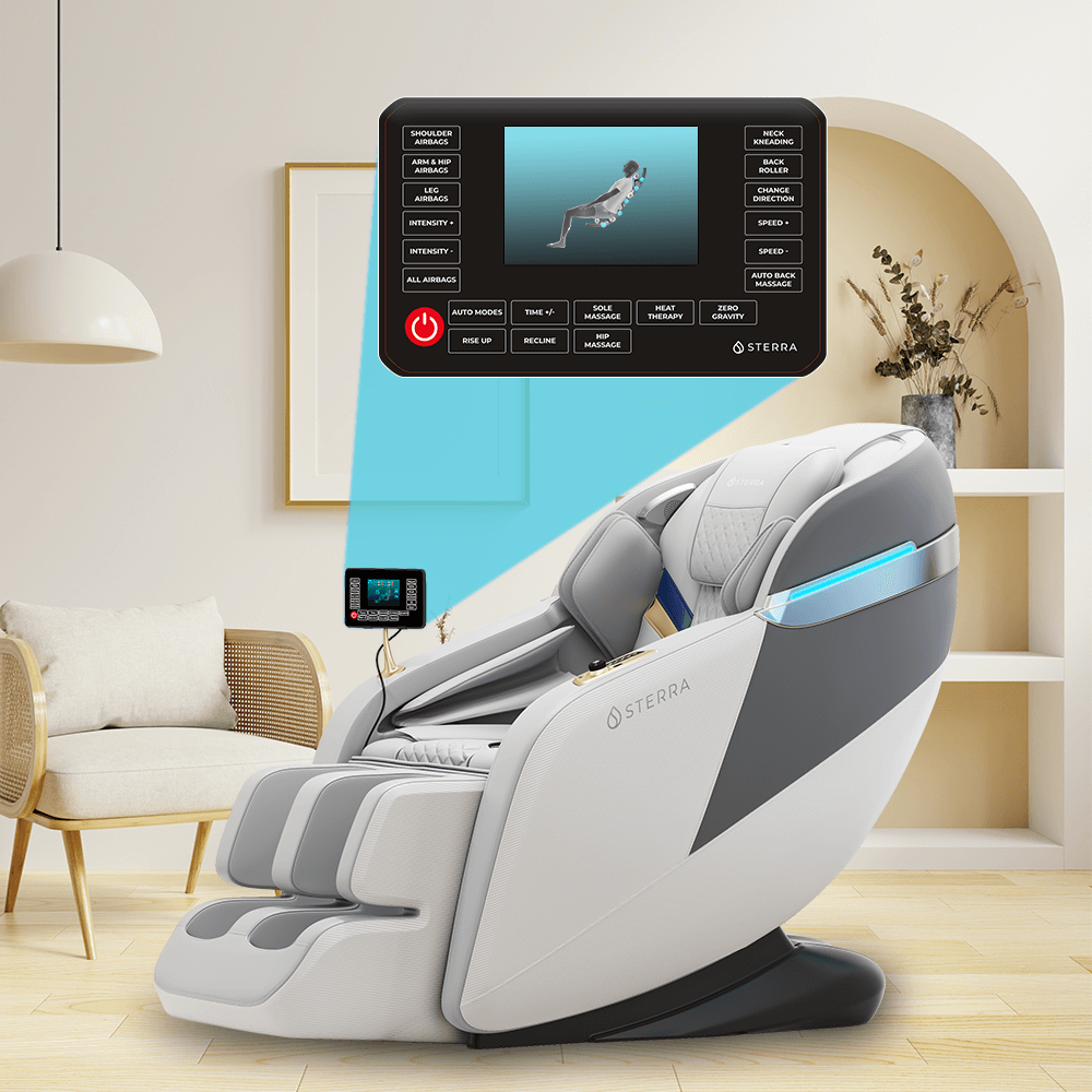 Modern massage chair with digital control panel in a cozy living room.