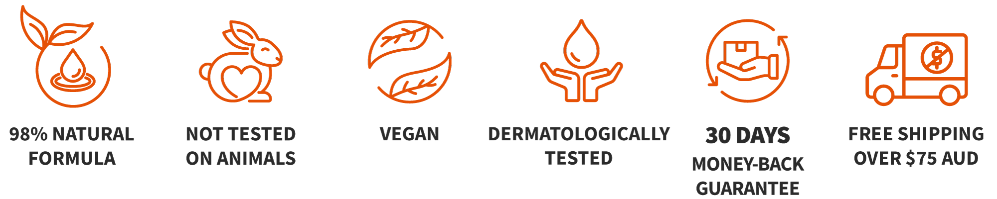 Not Tested on Animals, Vegan, 30-Day Money Back Guarantee badges