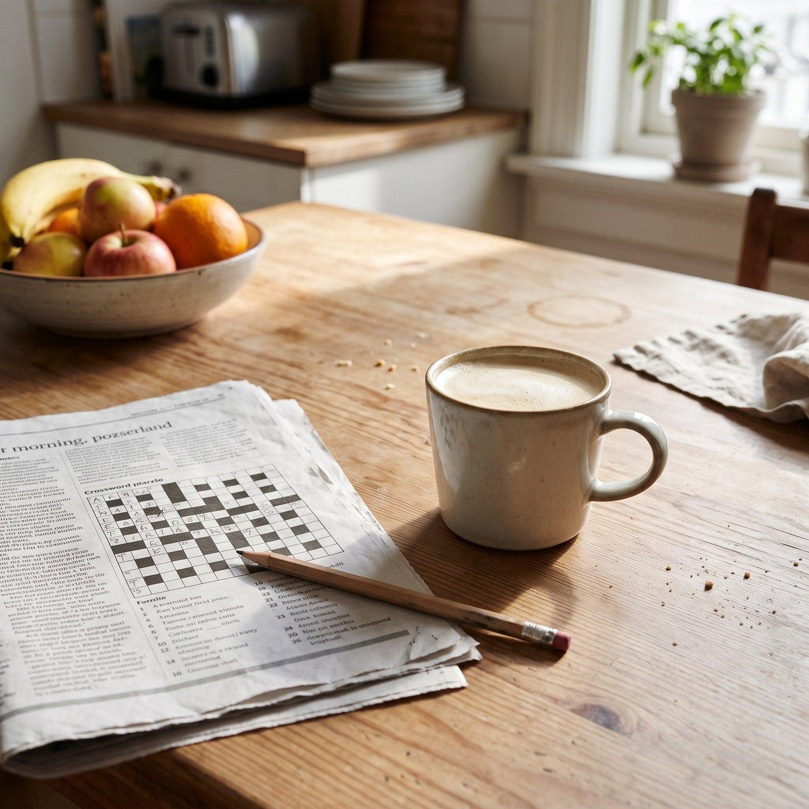 Creamy latte beside a crossword puzzle on a kitchen table