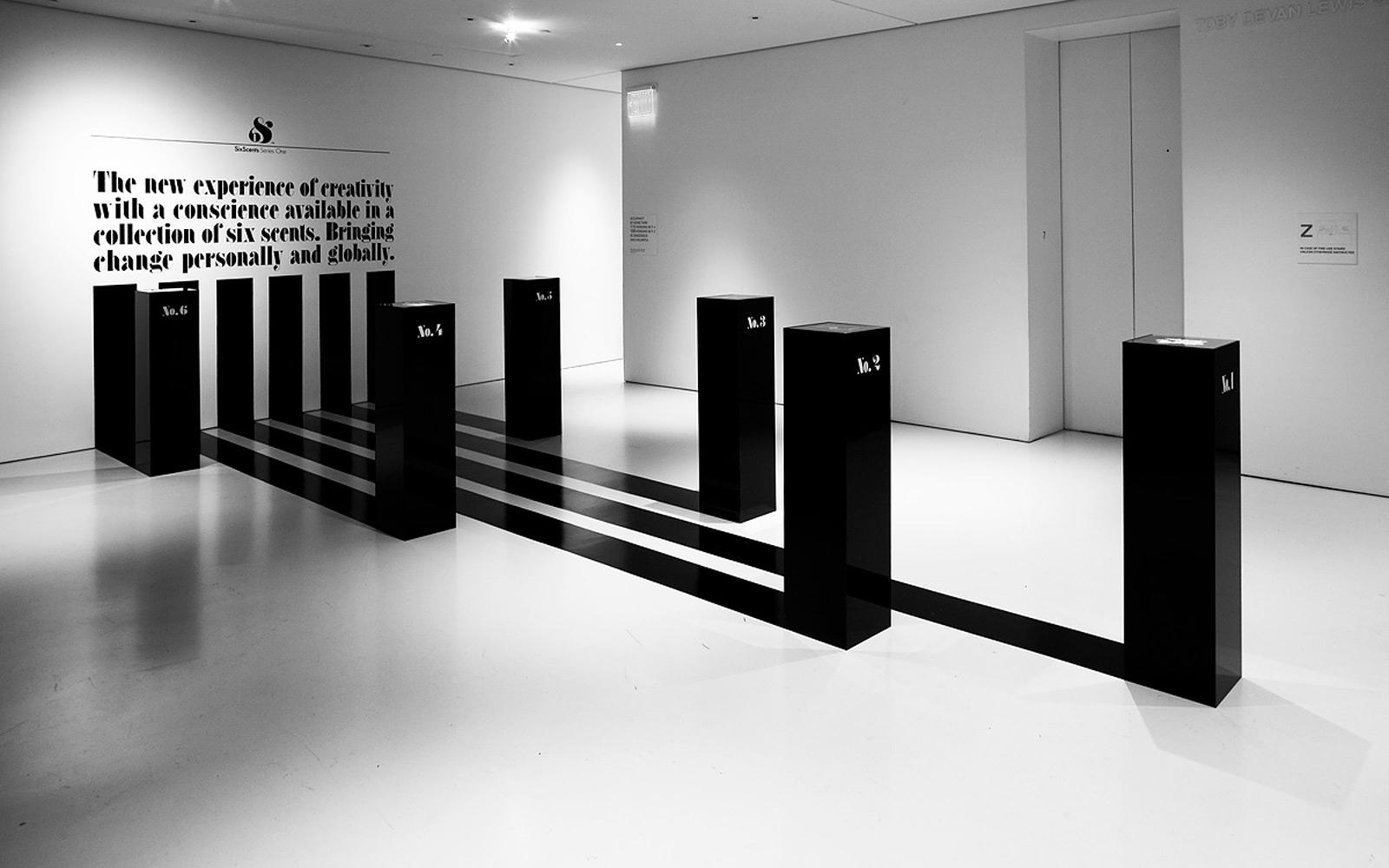 SixScents Parfums monolithic scent atomizers at its launch at the New Museum, NYC, 2008.