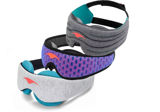 Sleep gifts idea: 3 sleep masks arranged on top of each other: A blue sleep mask for side sleepers, a dark gray weighted mask, and a cooling eye mask.