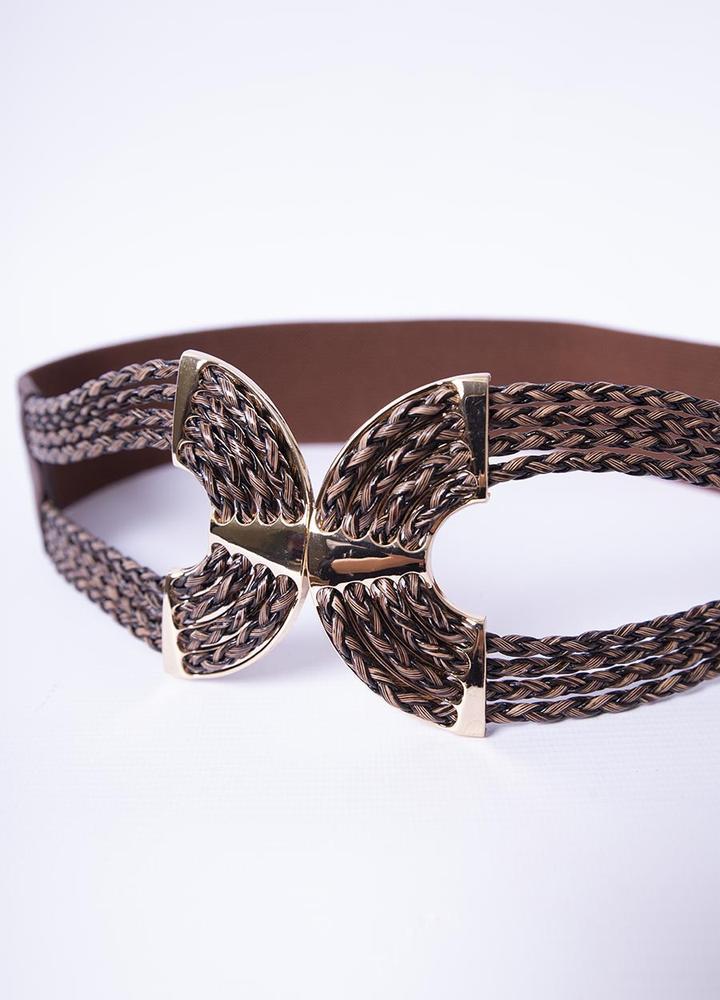Gold Braided Elastic Waist Belt in Brown