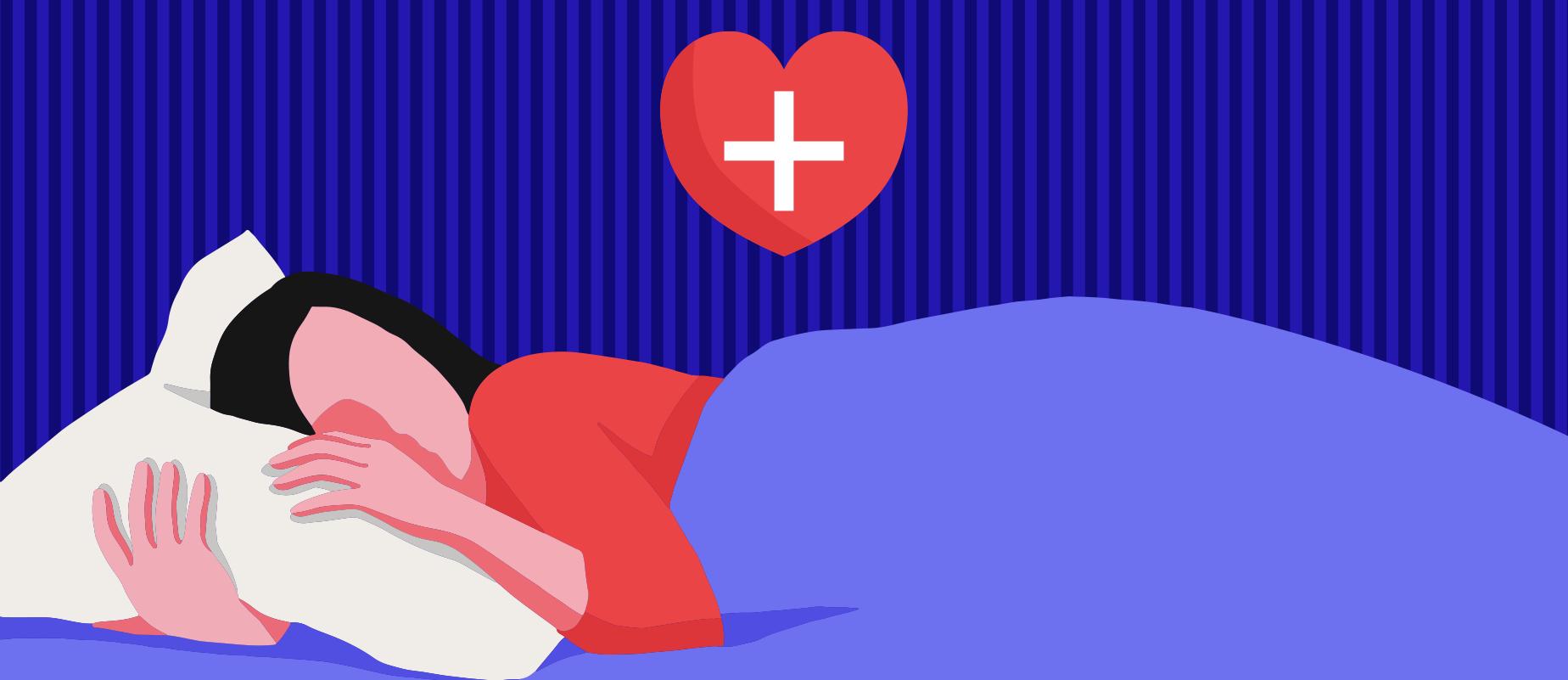 A girl lying in bed with a heart with a cross above her head to indicate sleep health.