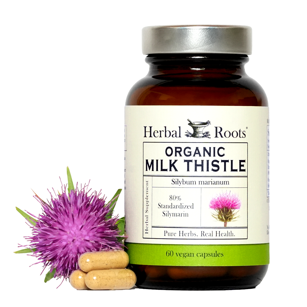Bottle of Herbal Roots Organic Milk Thistle with capsules and a milk thistle flower on the left of the bottle