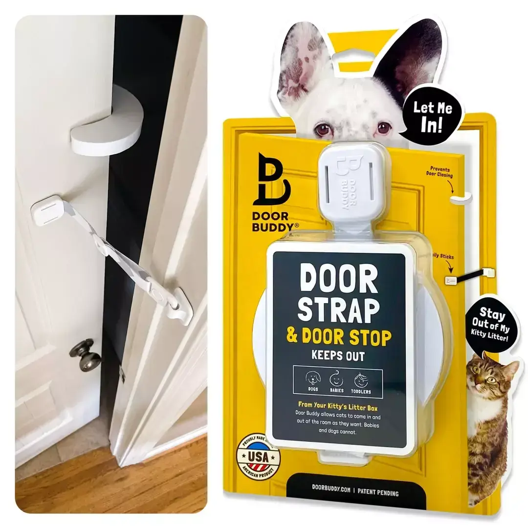 A door stopper kit from Door Buddy featuring a door strap and various components for securing doors in place.