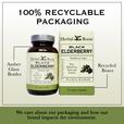 Bottle and box of Herbal Roots Black Elderberry next to each other. Under the bottle and box says We care about our packaging and how our brand impacts the environment. There is a line coming from the left of the bottle that says Amber glass bottles. There is a line coming from the left of the box that says recycled boxes.