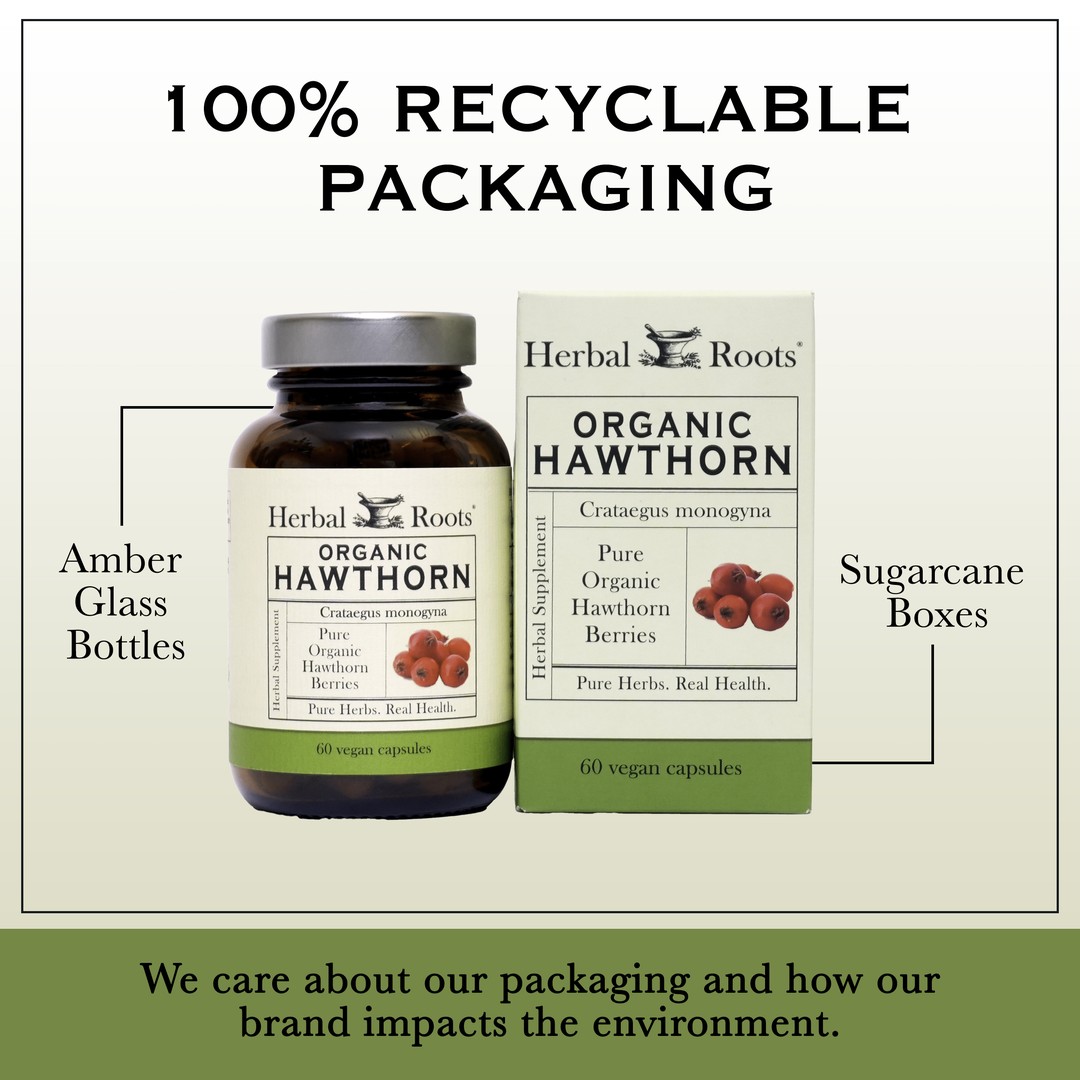 Bottle and box of Herbal Roots Organic hawthorn next to each other. Under the bottle and box says We care about our packaging and how our brand impacts the environment. There is a line coming from the left of the bottle that says Amber glass bottles. There is a line coming from the left of the box that says sugarcane boxes.