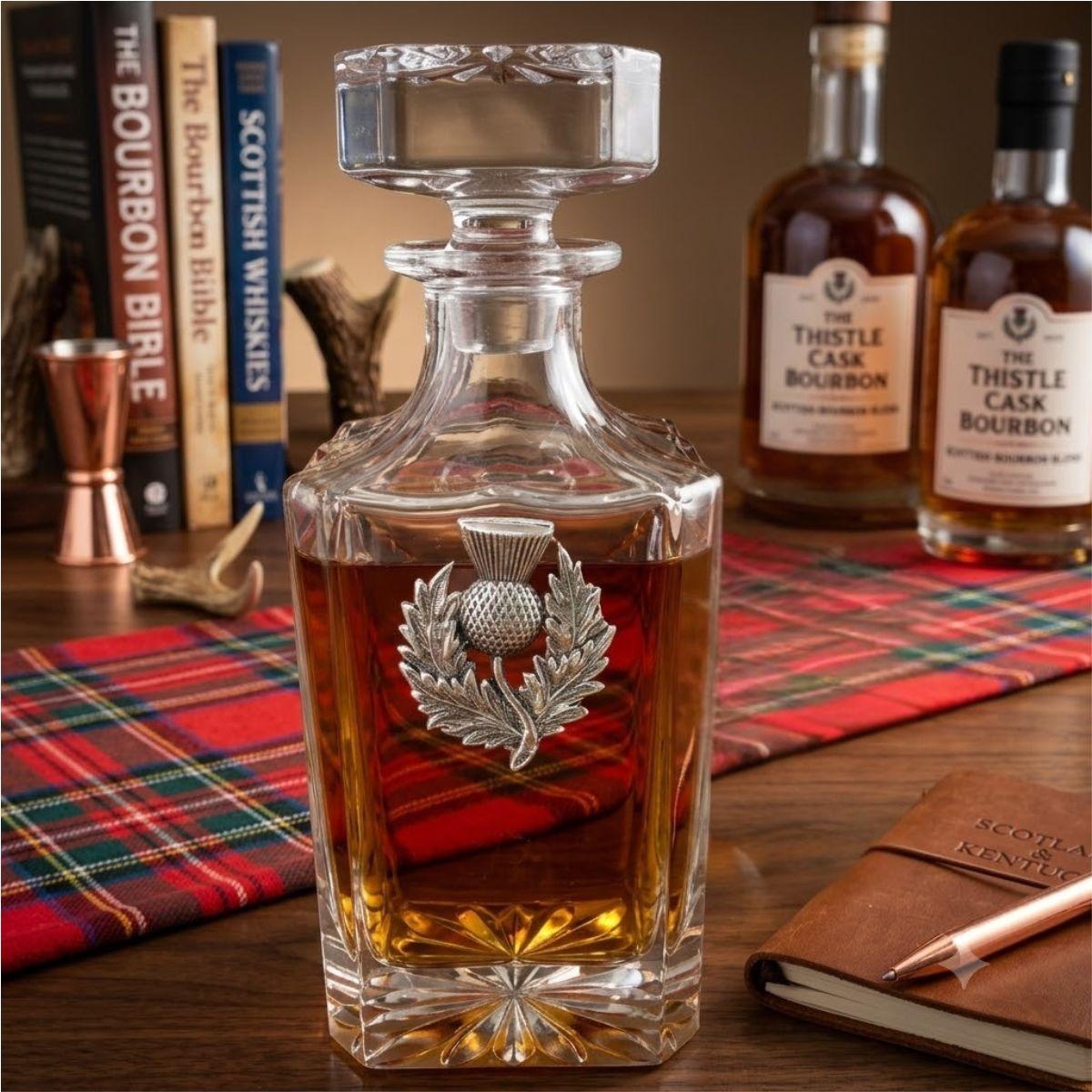 decanter with silver thistle medallion for Scottish lover