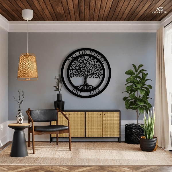 Founders Tree of Life Metal Wall Art – Custom black steel family name sign by Art on Steel, personalized wall décor symbolizing strength and heritage, modern crafted artwork for living room or home interior design.
