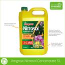 Yellow 5-litre bottle of Amgrow Nitrosol liquid plant food with green cap and handle, that could make up to 1250 litres.