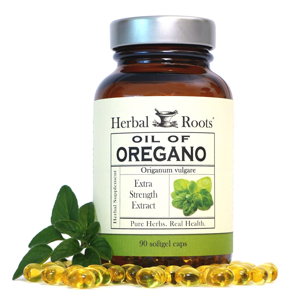 Herbal Roots Oil of Oregano bottle with yellow gel caps and fresh oregano