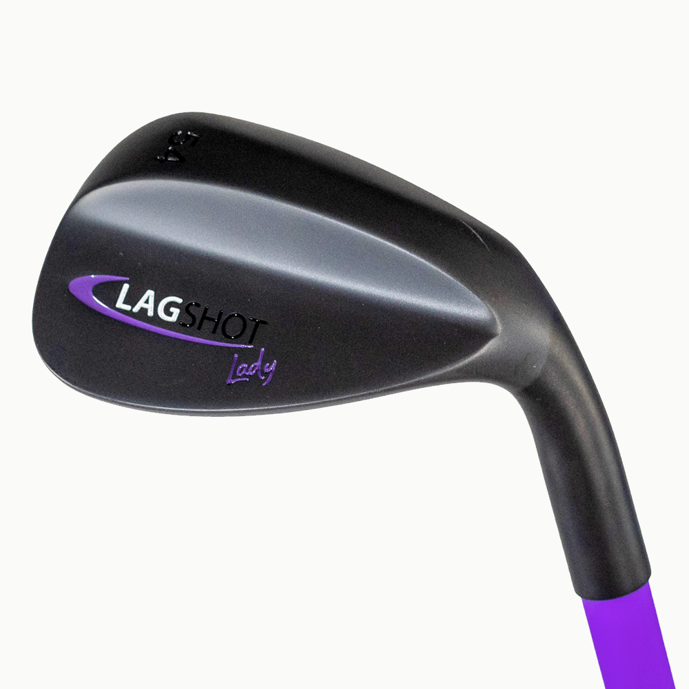 Black metal golf wedge with a purple shaft and a pink, blue, and purple geometric pattern. Label reads LAGSHOT Lady.