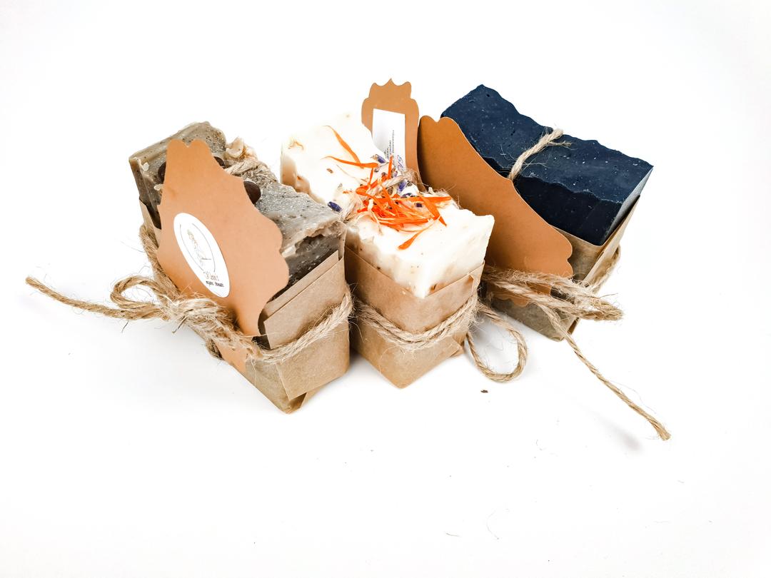 AMBITION Soap Trio Set a blend of lavender & calendula, coffee & peppermint, Activated Charcoal & Orange in boxing