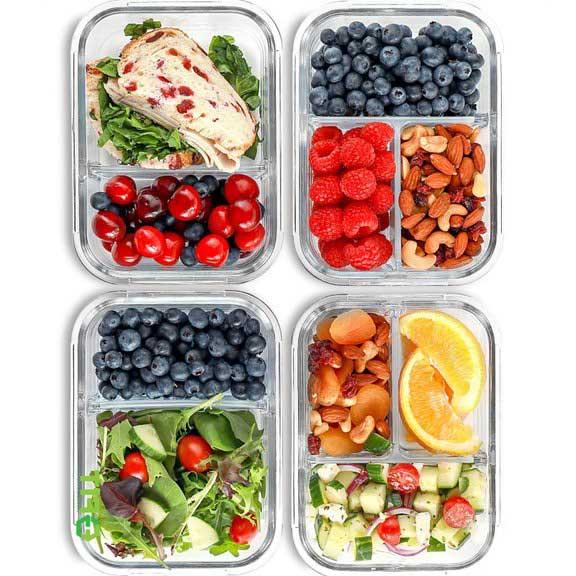 2 & 3 Compartment Glass Meal Prep Containers with BLUE Lids (4 Pack, 32 oz)