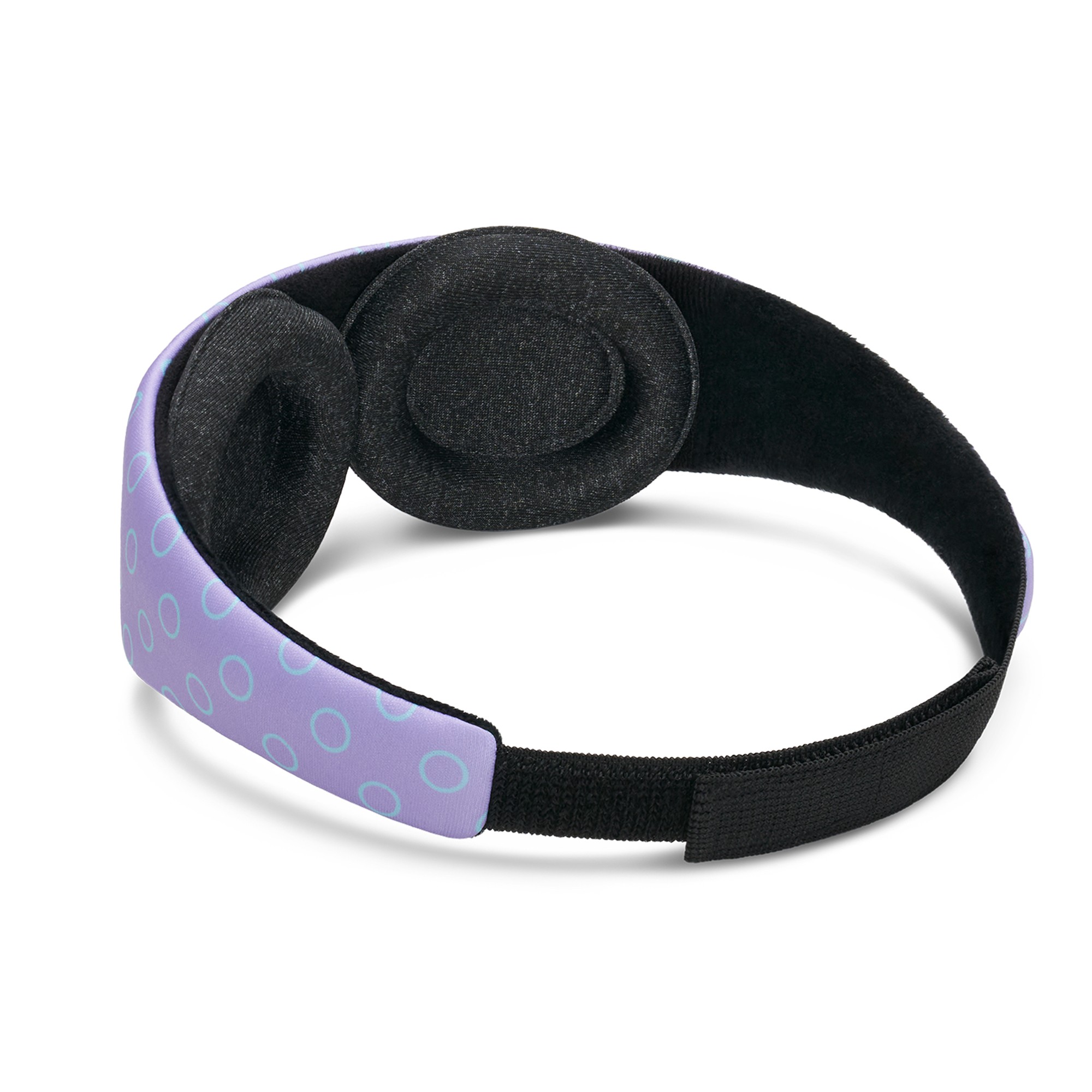 The interior of a lilac adjustable sleep mask for children with eye cups.