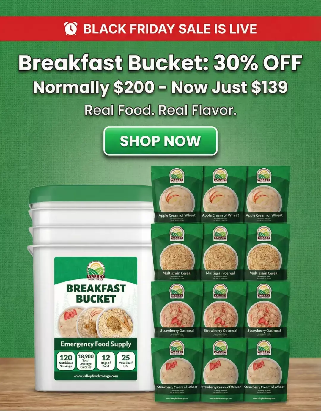 Valley Food Storage Breakfast Bucket with prepared freeze-dried breakfast meals displayed in a Black Friday promotion banner.