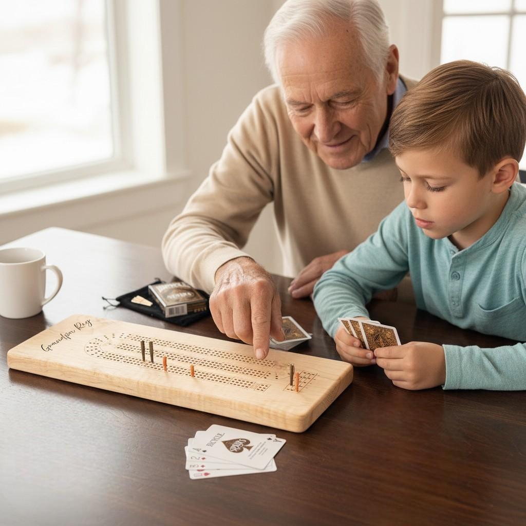 grandfather and child playing cribbage together using personalized wooden cribbage board