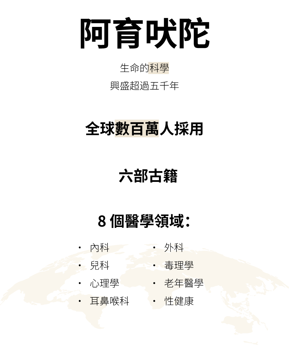 阿育吠陀是一門擁有五千年歷史的生命科學，已被數百萬人所接受，涵蓋八大醫學分支，並以六部古代典籍為基礎。