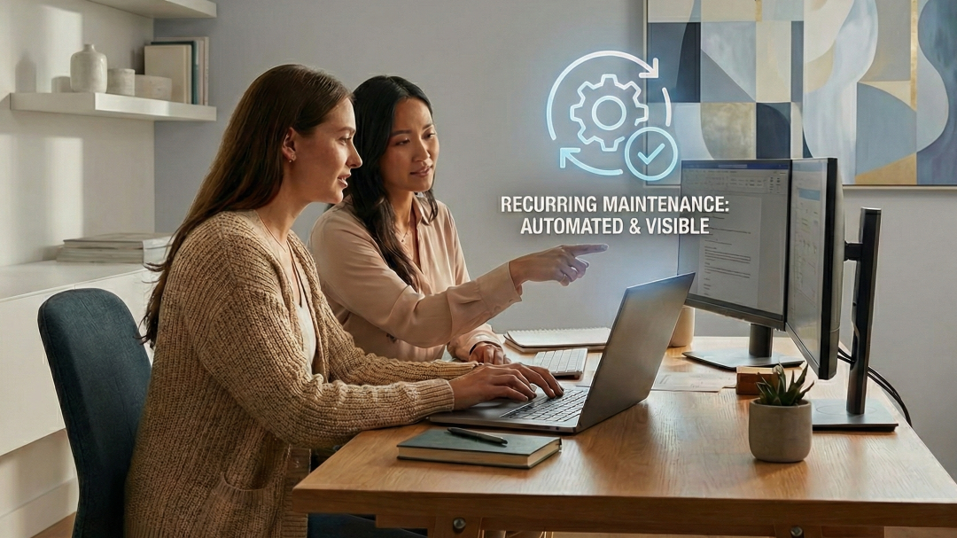 two women working together on the recurring AI /AEO maintenance for a client