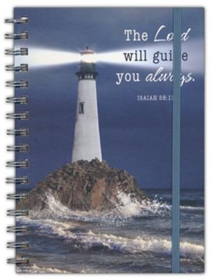 spiral notebook with lighthouse and Bible verse "the Lord will guide you always"