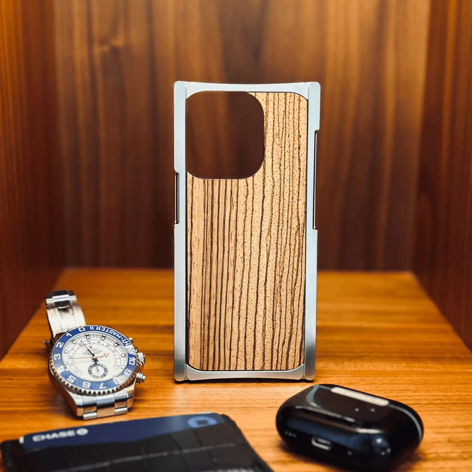 Silver Aluminum with Zebra Wood