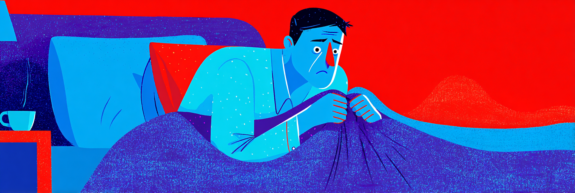 A man clutching his blanket for familiarity to recover from a nightmare.