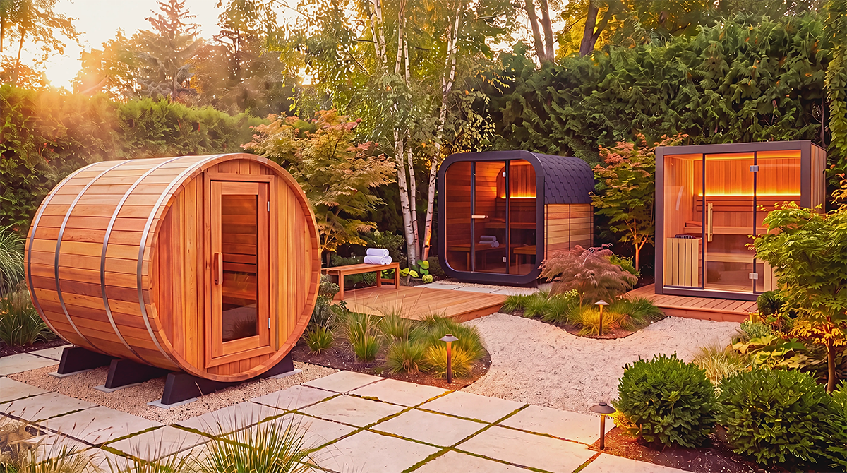 A barrel sauna a cube sauna and a cabin sauna in one frame with nature inspired background