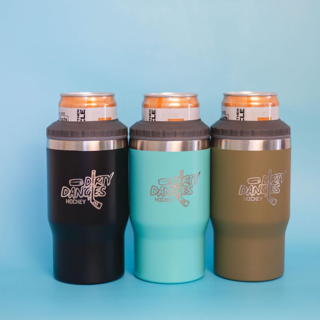 3 Dirty Dangles 2 in 1 insulated drink tumbler can coolers on a blue background. Black, Neon blue and Tactical Green