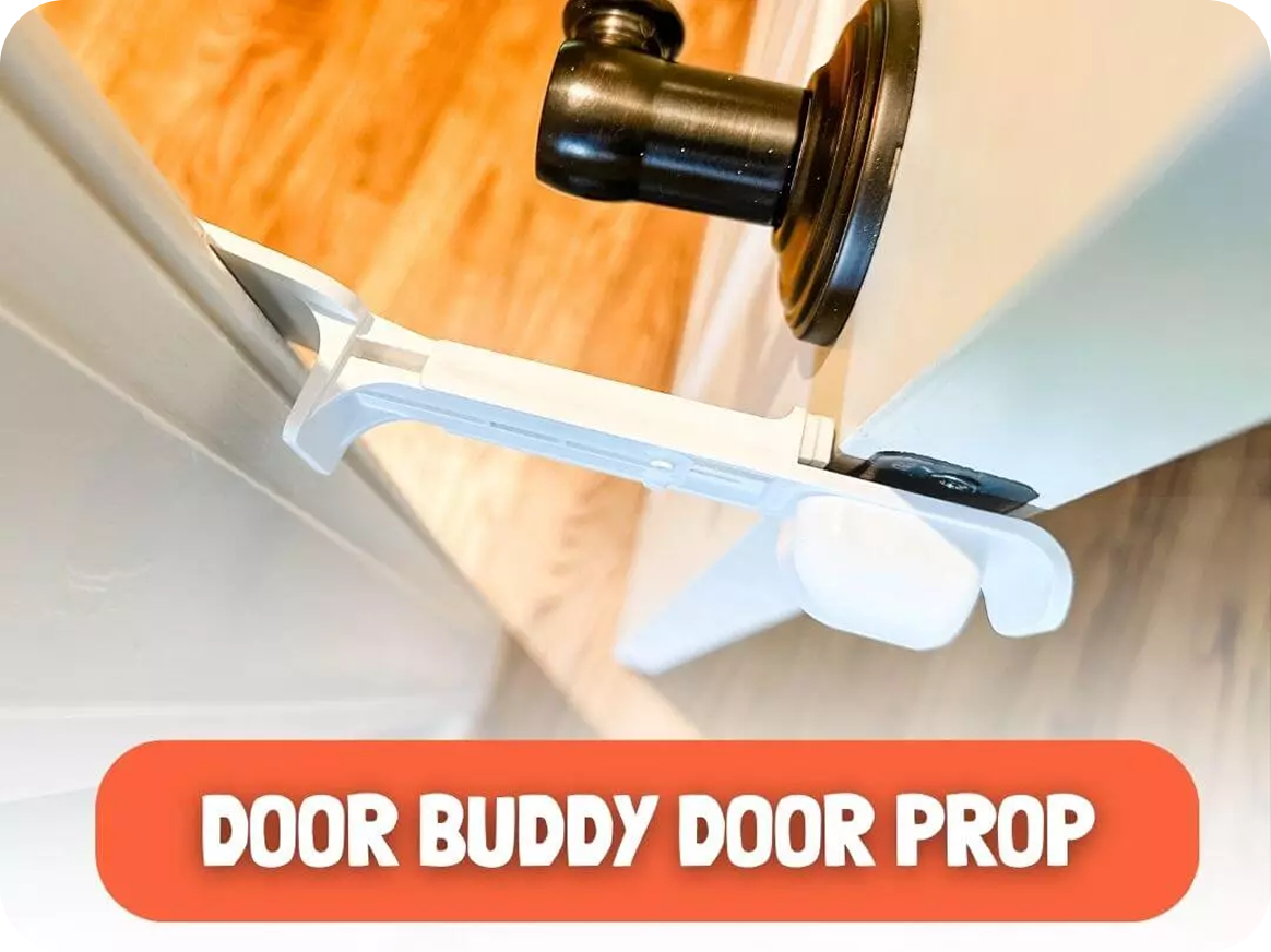 The Door Buddy door prop installed on a door hinge to hold the door slightly open. This installation guide shows how the prop creates a cat sized opening while helping keep dogs and babies out of the room.